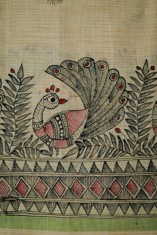 Peacock Radiance Madhubani Dupatta | Handpainted Khadi Cotton Elegance