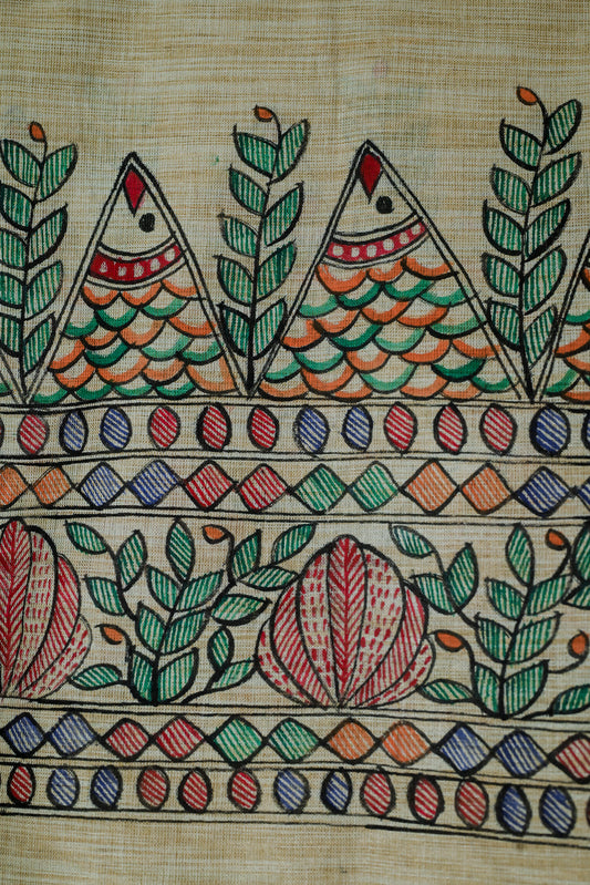Fertile Waves – Handpainted Madhubani Khadi Cotton Dupatta