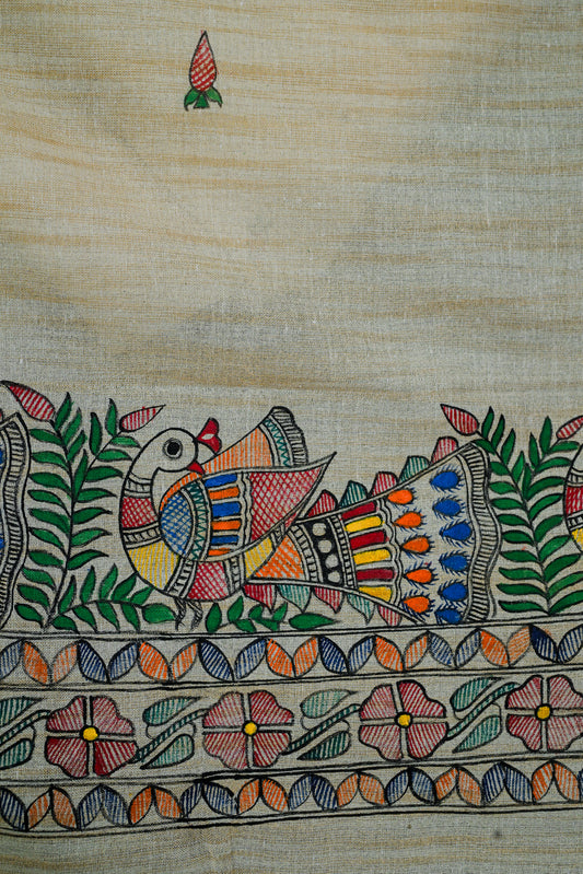 Feathered Symphony – Handpainted Madhubani Khadi Cotton Dupatta