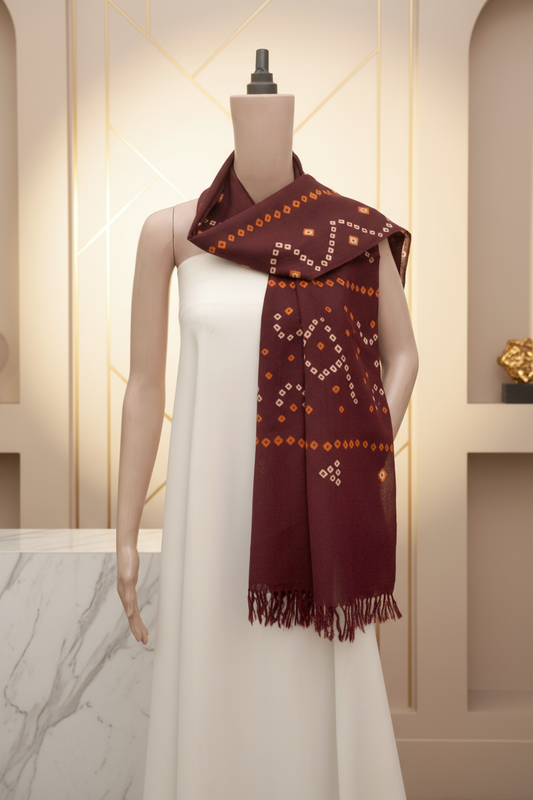 Maroon Geometric Bandhani Wool Stall