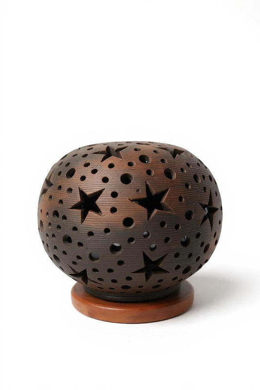 Terracotta Starry Night T-Light Holder (Sphere with Star & Dot Cutouts)