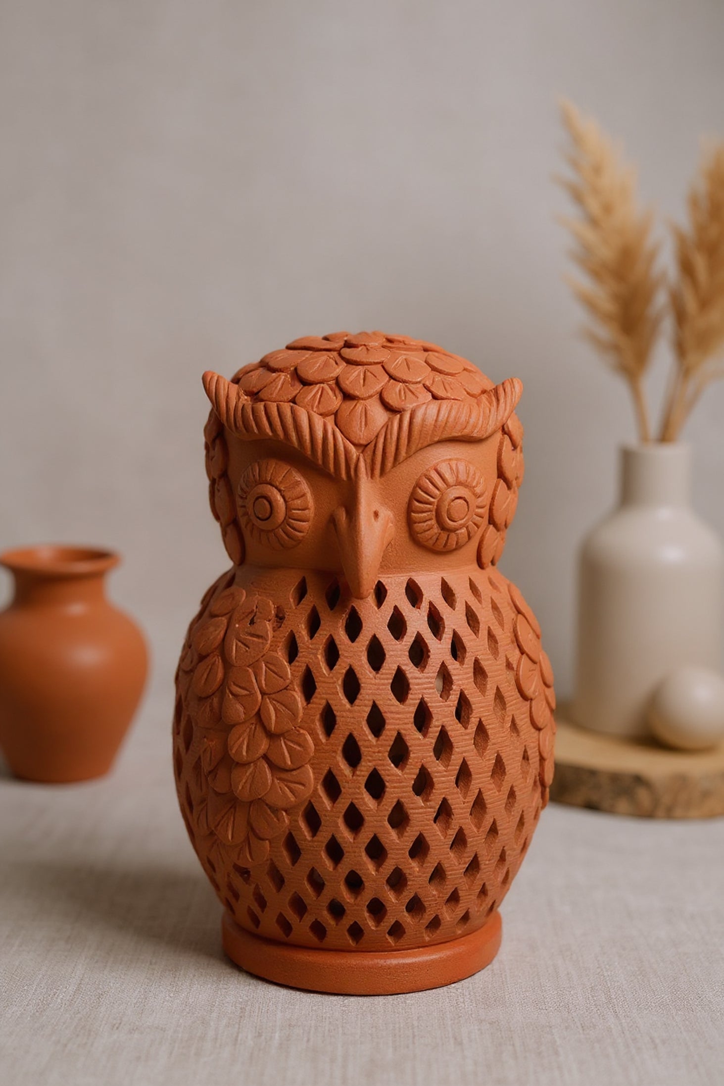Terracotta Owl T-Light Holder (Floral & Diamond Cutwork)